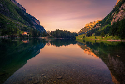 Scenic view of lake against sky during sunset