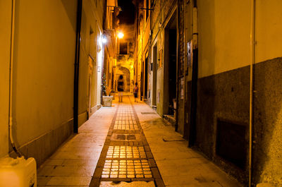 Narrow street amidst buildings in city at night