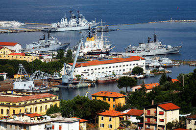 High angle view of battleships moored at harbor