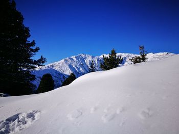 Scenic view of snow covered landscape against blue sky