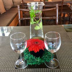 Close-up of wine glasses on table