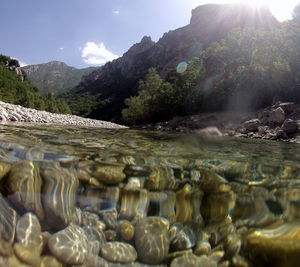 Scenic view of river and mountains against sky