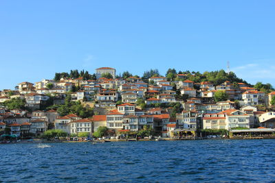 Town by sea against clear blue sky