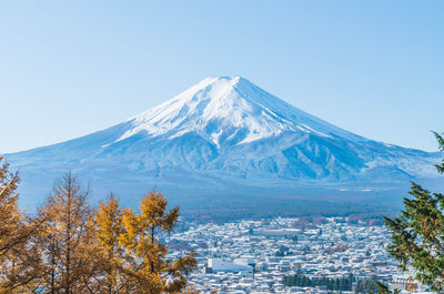 Scenic view of snowcapped mountains against clear sky