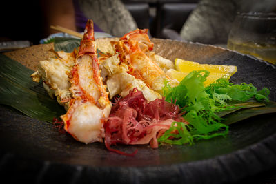 Close-up of meat served in plate on table