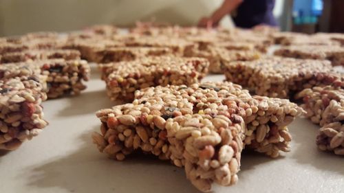 Close-up of wholegrain bars on table