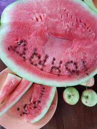 High angle view of fruits in plate on table