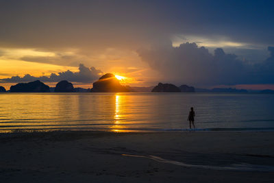 Silhouette people on beach against sky during sunset