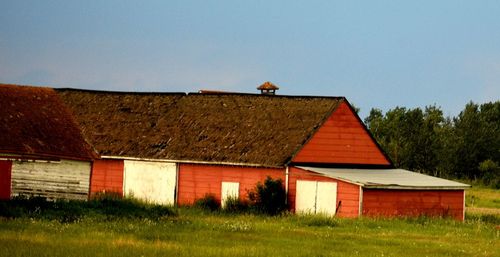 Houses on a field against sky