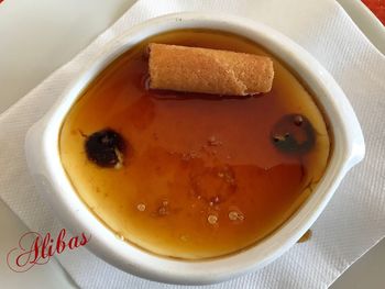 High angle view of soup in bowl on table