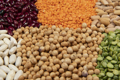 Servings of different varieties of cereals and dry edible seeds. examples of fiber sources