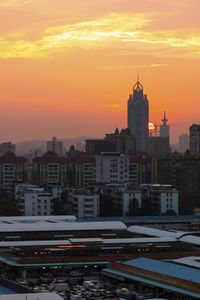 Buildings in city during sunset