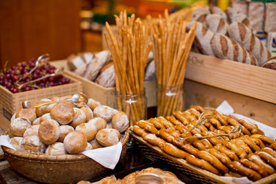 High angle view of powdered sugar snacks in baskets
