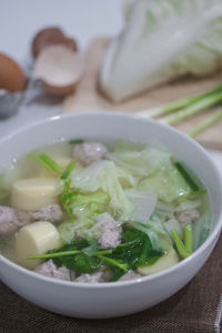 High angle view of soup in bowl on table