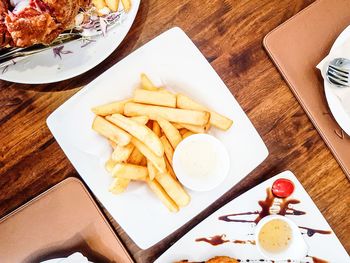 High angle view of food served on table
