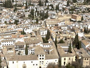 High angle view of buildings in city