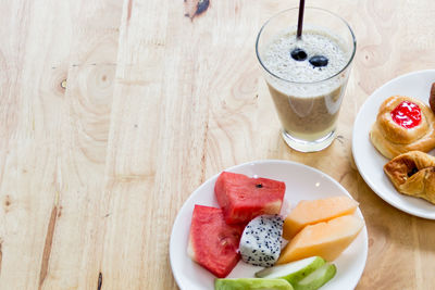 High angle view of breakfast served on table