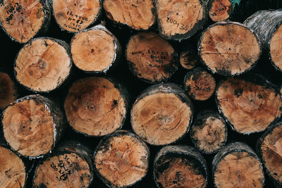 Full frame shot of stacked logs