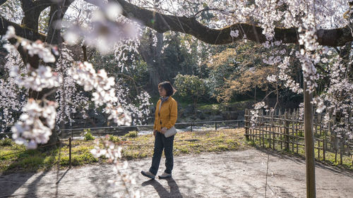 Rear view of man standing against trees