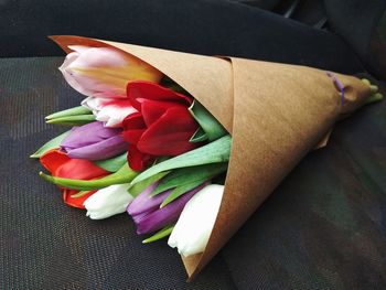 High angle view of roses on table