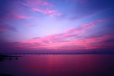 View of bridge over calm sea at sunset