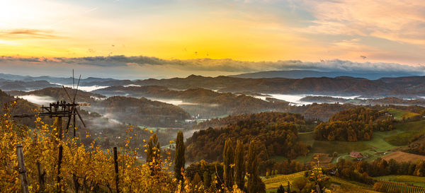 Scenic view of mountains against sky during sunset