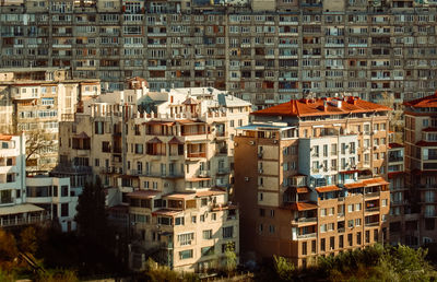 High angle view of buildings in city