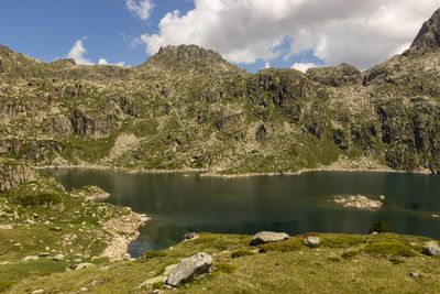 Scenic view of lake and mountains against sky