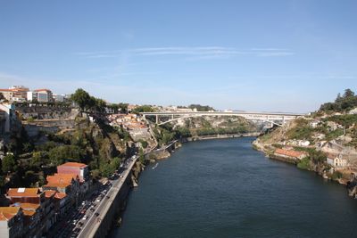 River amidst buildings in town against sky