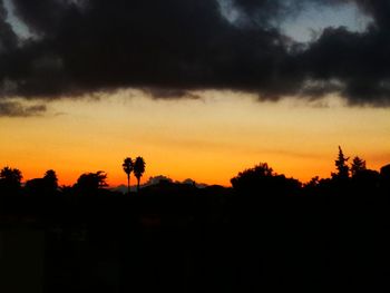 Silhouette trees on landscape against sky at sunset