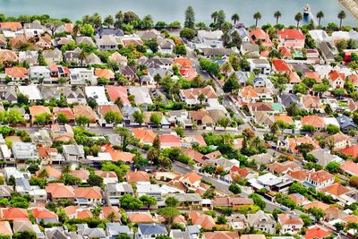 High angle view of houses and buildings in town