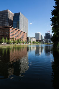 Buildings against clear sky with waterfront