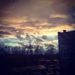 Bare trees against cloudy sky at sunset