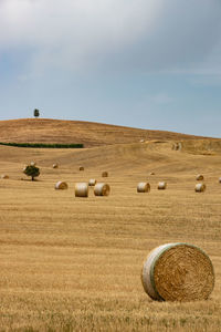 Hay bales on field against sky