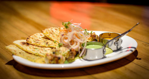 Close-up of food in plate on table