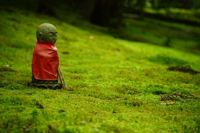 Rear view of man sitting on land