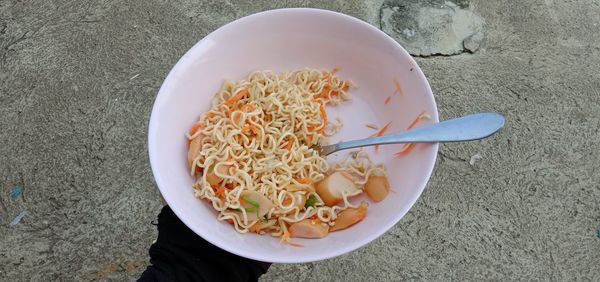 High angle view of food in bowl on table