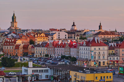 High angle view of buildings in city