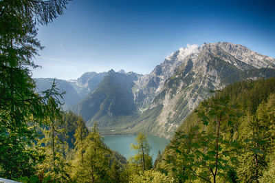 Scenic view of lake and mountains against sky