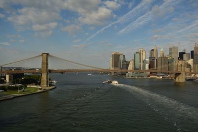 View of suspension bridge over river