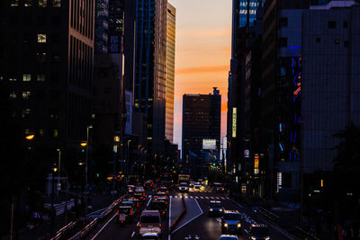 High angle view of city street at night