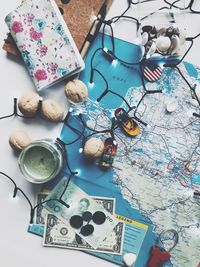 High angle view of objects on table