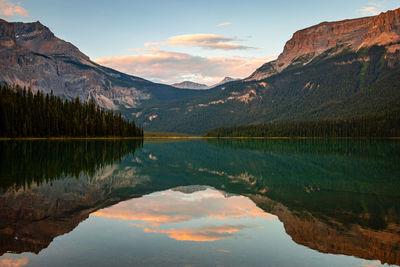 Beautiful mountain reflection on lake during golden hour