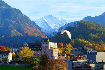 View of paraglider over buildings