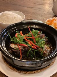 High angle view of vegetables in bowl on table