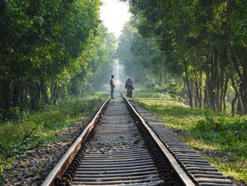  view of people walking on railroad track amidst trees