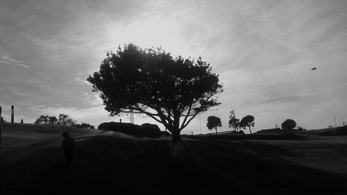 Trees on landscape against cloudy sky