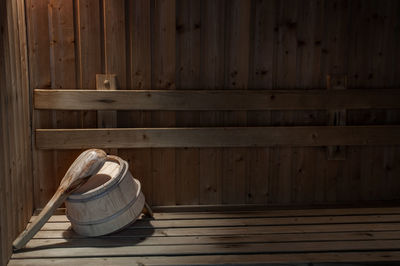 High angle view of hat on floor against wall