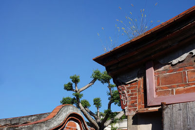 Low angle view of house against clear blue sky