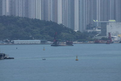 Sailboats sailing on sea against buildings in city